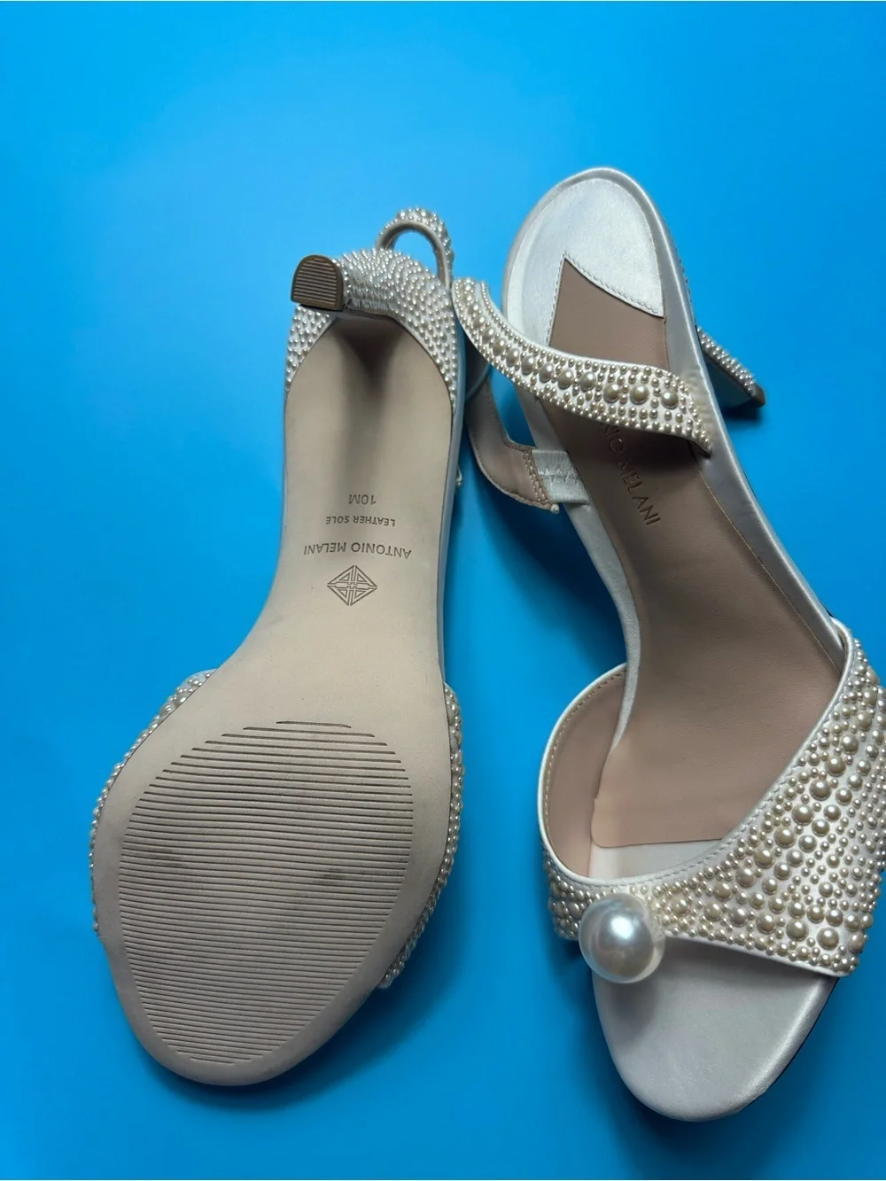 ANTONIO MELANI Pearl-Embellished Ivory Satin Heels